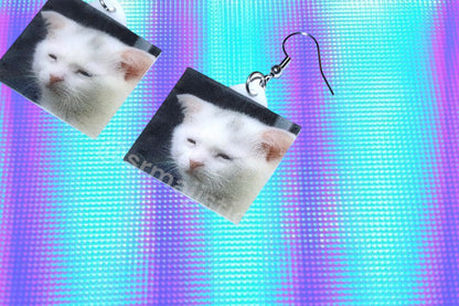 (READY TO SHIP) Sad and Sleepy Cat Meme Handmade Earrings!