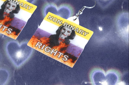 Jigsaw / Billy the Puppet Saw Character Collection of Flaming Pride Flags Handmade Earrings!