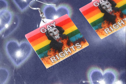 Jigsaw / Billy the Puppet Saw Character Collection of Flaming Pride Flags Handmade Earrings!