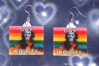 Jigsaw / Billy the Puppet Saw Character Collection of Flaming Pride Flags Handmade Earrings!