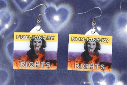 Jigsaw / Billy the Puppet Saw Character Collection of Flaming Pride Flags Handmade Earrings!