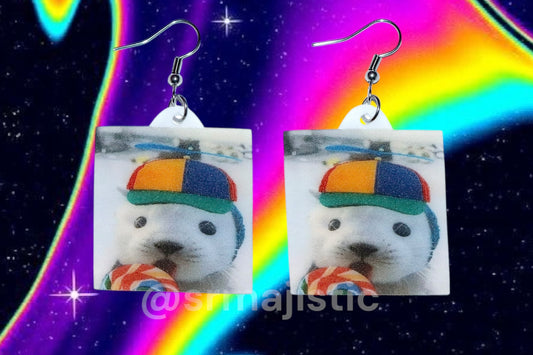 Seal with Propeller Hat and Lollipop Meme Handmade Earrings!