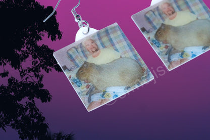 Guy Fieri Holding Capybara Funny Meme Handmade Earrings!