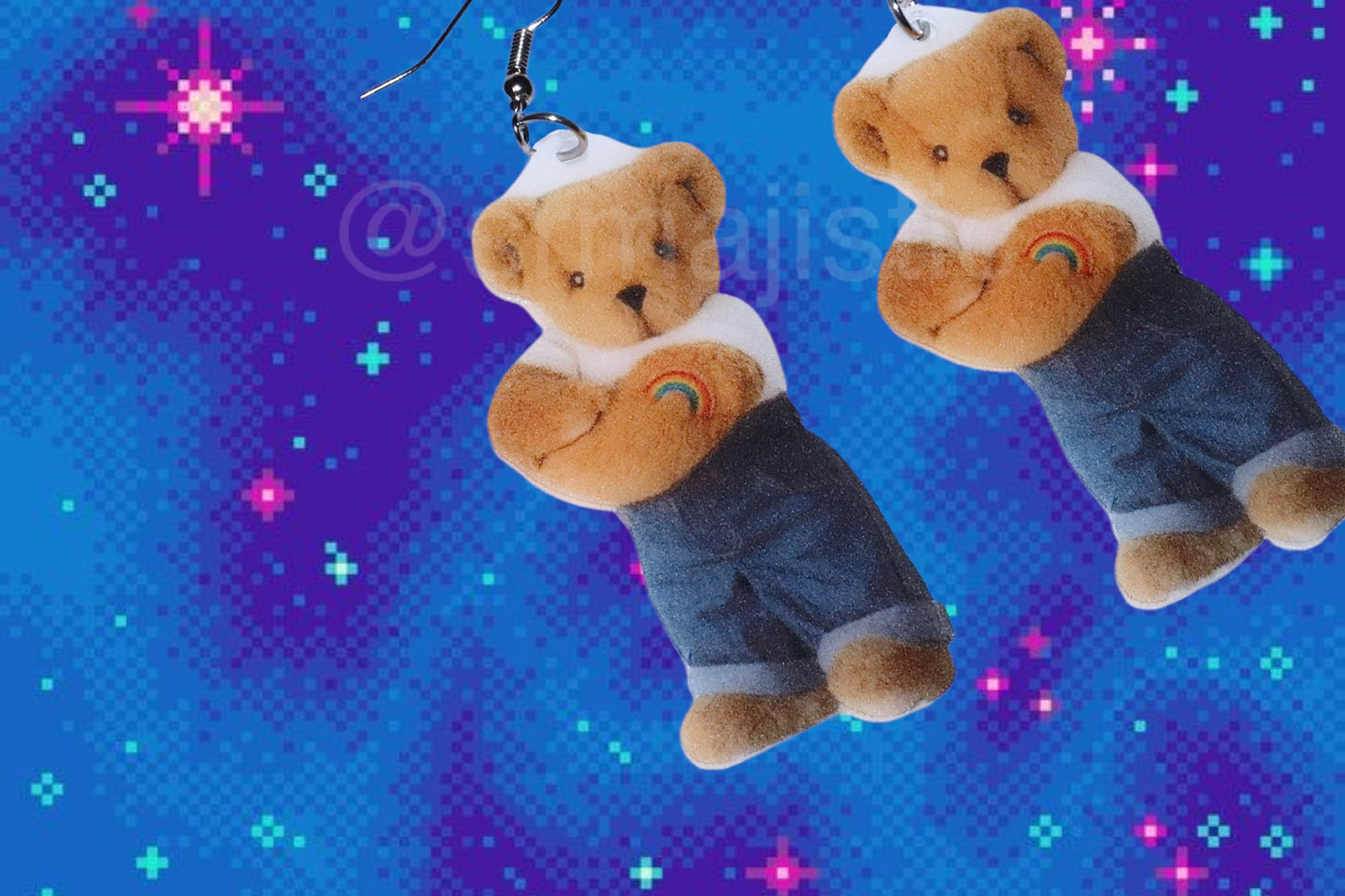 Vermont Teddy Bear Butch Lesbian Character with Rainbow Tattoo Handmade Earrings!