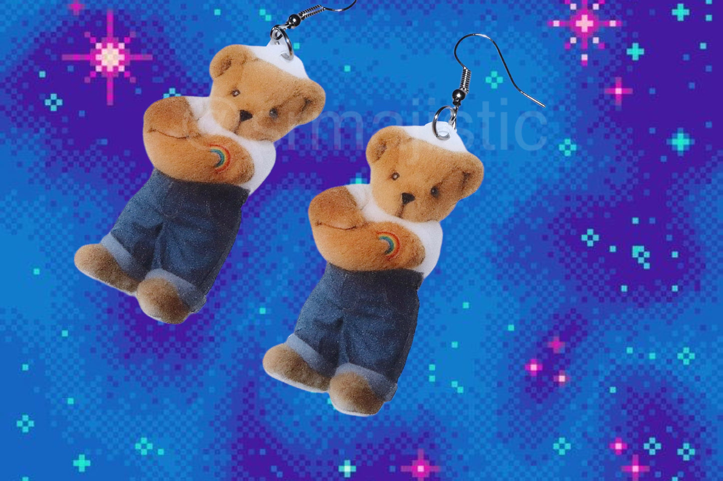 Vermont Teddy Bear Butch Lesbian Character with Rainbow Tattoo Handmade Earrings!