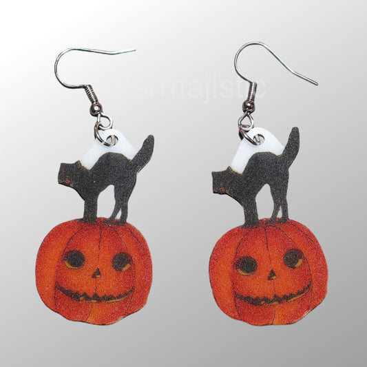 Vintage Spooky Cat and Pumpkin 2D Handmade Earrings!